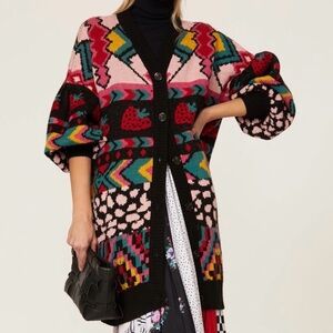 FARM Rio Crazy Mix Jacquard V Neck Cardigan Sweater Small